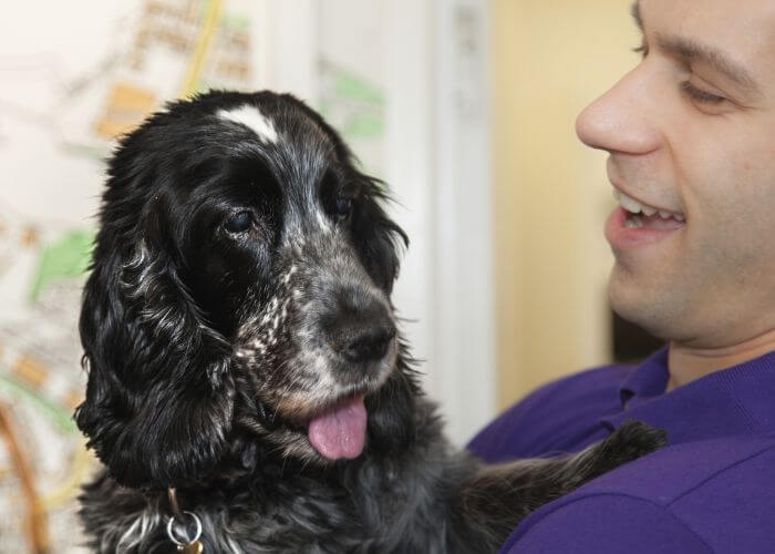 A vet holding a dog in hand